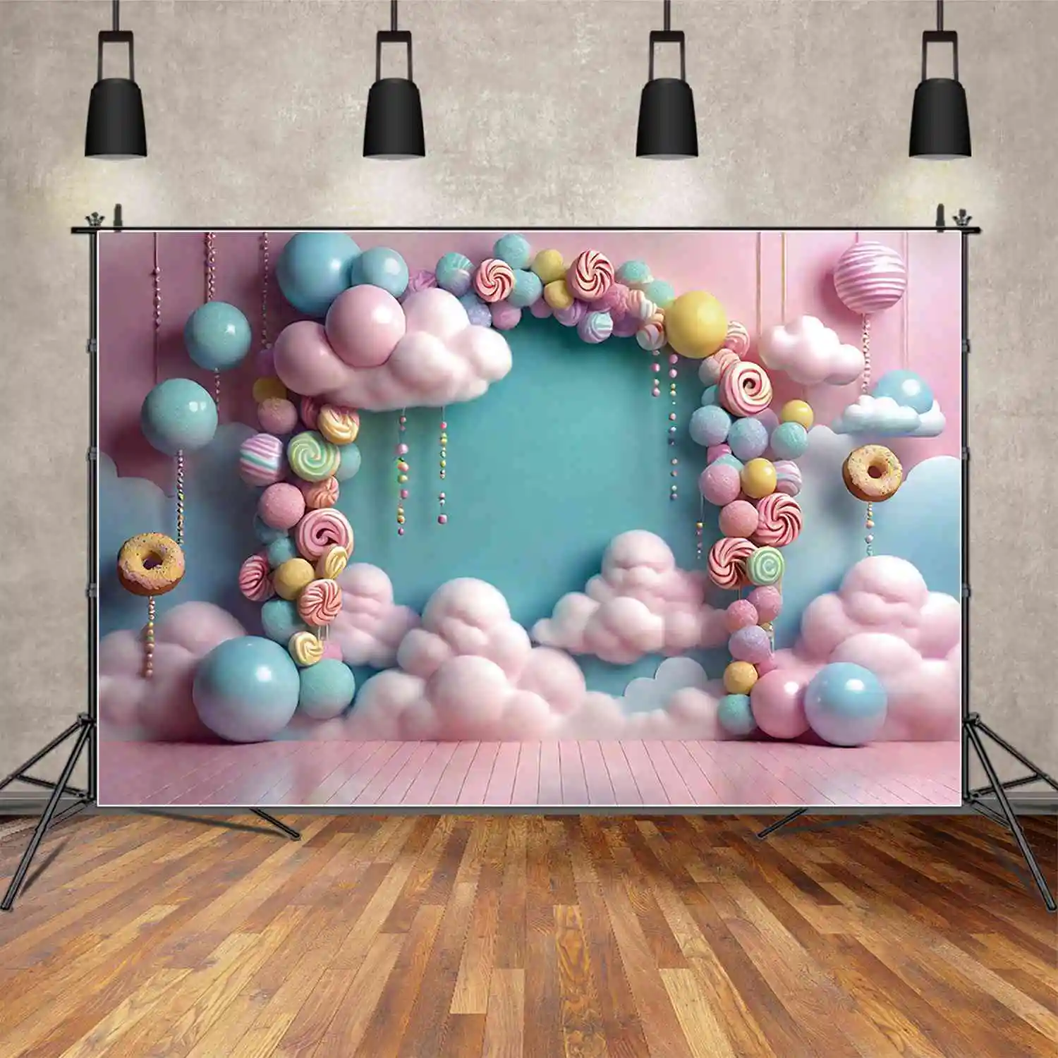 

MOON.QG Candyland Sweets Birthday Year Backdrop Children's Lollipop Donut Balloon Backgrounds Party Decoration Photocall Props