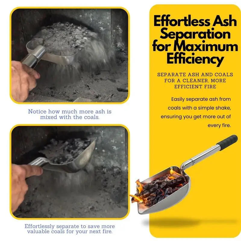 Pala para chimenea para cenizas, fogata hueca, pala para cenizas, pala de carbón de acero inoxidable para separación de carbón, fogón ajustable