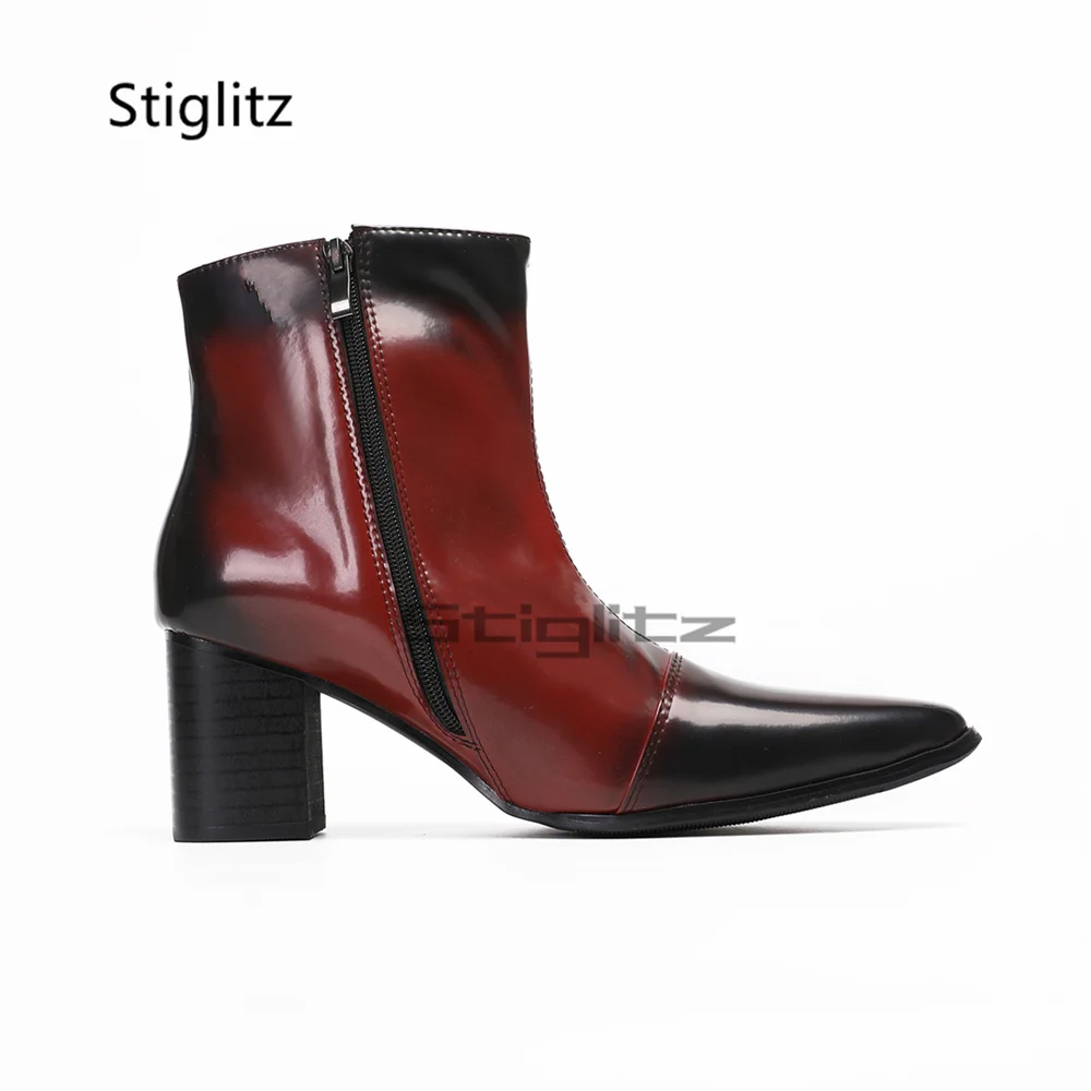 Gradient Color High Heels Chelsea Boots for Men British Style Pointed Toe Zipper High Top Patent Leather Ankle Boots Party Shoes