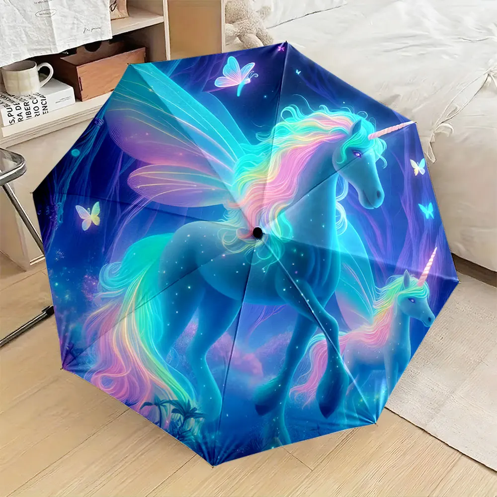 1PC Magical Unicorn Umbrella with Vibrant Butterfly Design Print 8 Iron Ribs Folding Umbrella Auto-Open Fashion Sunshade