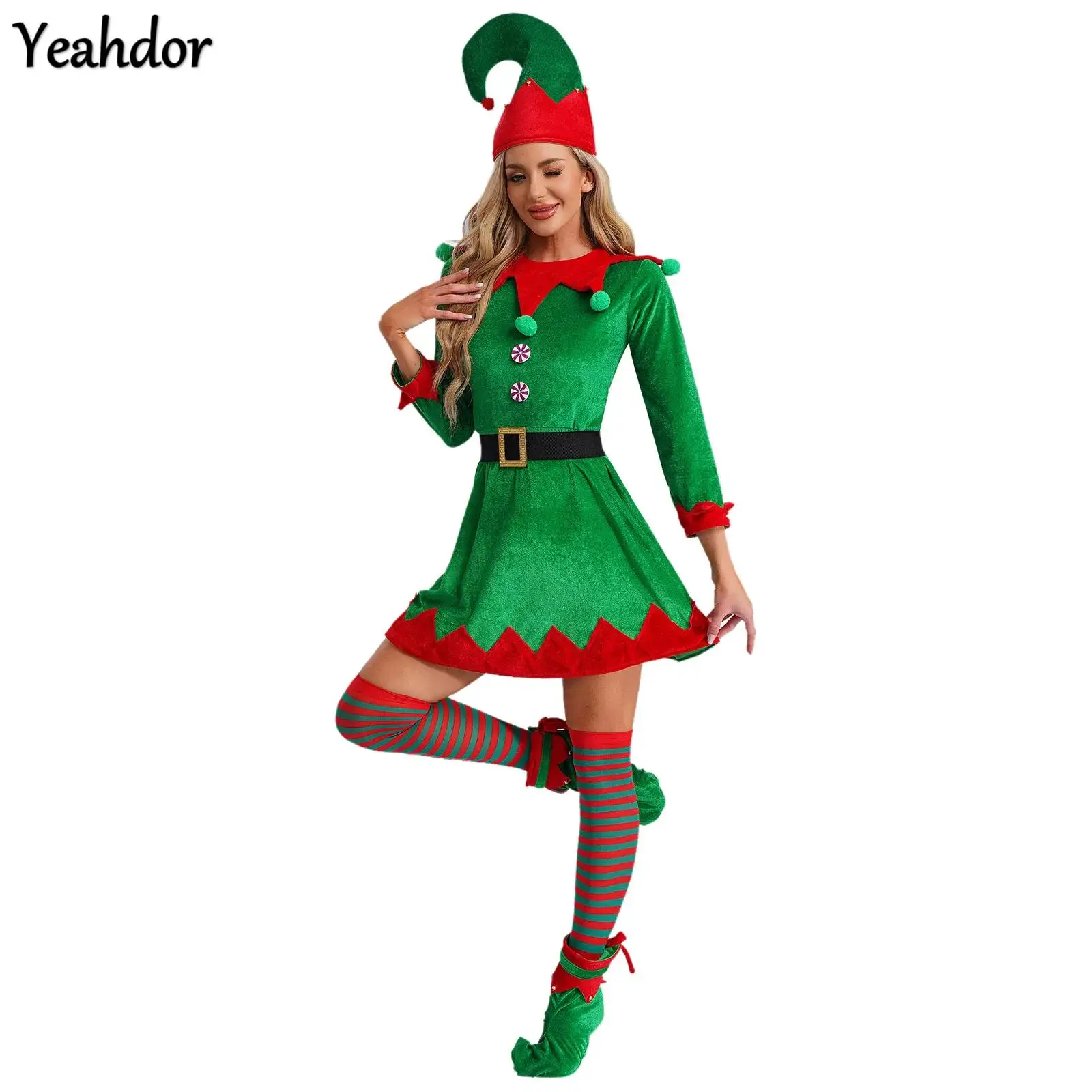 

Women Christmas Elf Costumes Flannel/Velvet Dress with Belt Hat Stockings Shoes Halloween Cosplay Green Elves Santa Claus Sets