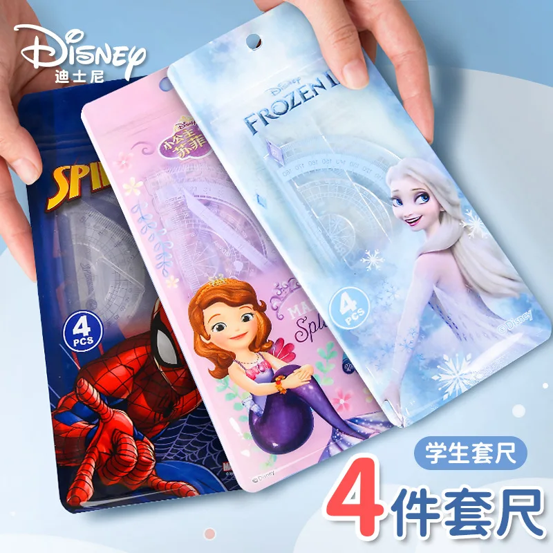 4pcs/bag Disney Spiderman Frozen Ruler Set Cartoon Student Learning Stationery Children's Drawing Ruler Triangle Gift Wholesale