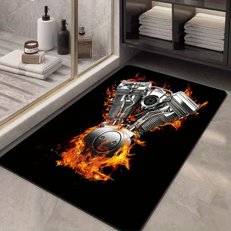 [ Product] Motorcycle Engine Fire Pattern Carpet - Machine Washable, Large Area Rug for Living Room, Bedroom, Game Room, Dormito