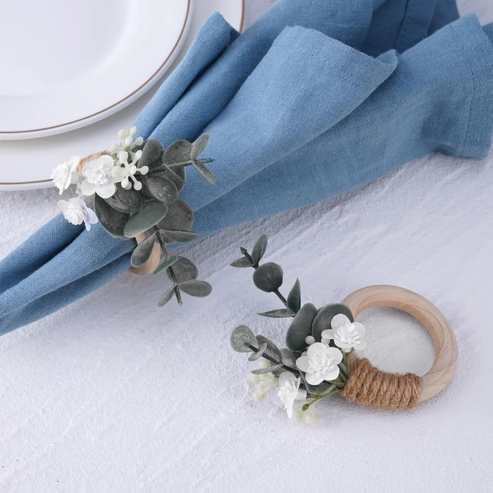 Greenery Leaf Napkin Rings Set of 6 - Boho Eucalyptus Napkins Rings for Wedding Table Decor, Rustic Flower Napkin Ring for Farmh