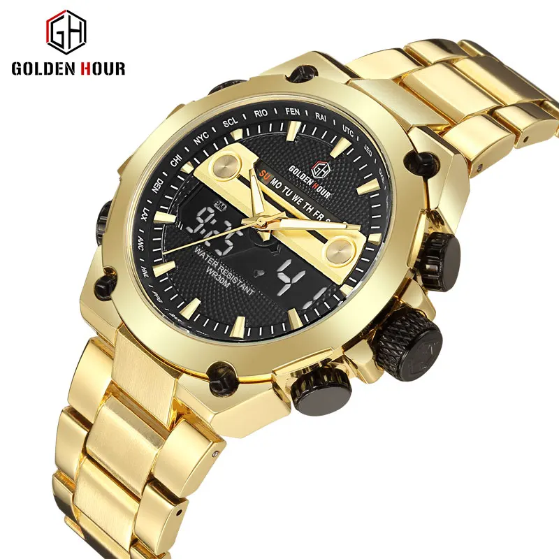 GOLDENHOUR Herren-Luxusuhr in Gold, industrieller Stil, Stahlband, LED, digital, analog, Dualzeit, wasserdicht, leuchtende Quarz-Armbanduhr