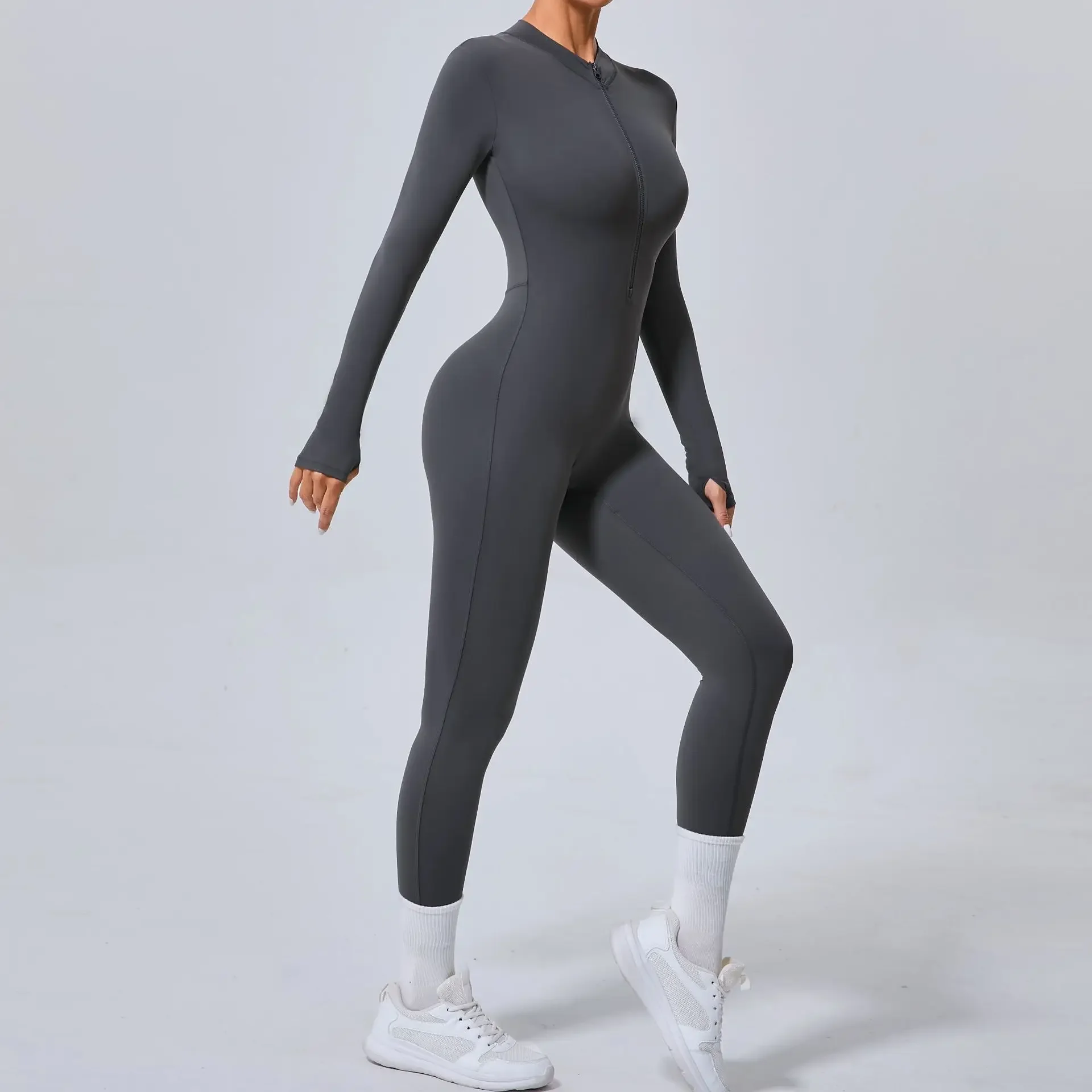 Seamless Yoga Jumpsuits Sports Fitness Hip-lifting Skinny Long-sleeved Zipper Winter Workout Gym Leggings Sportswear for Women