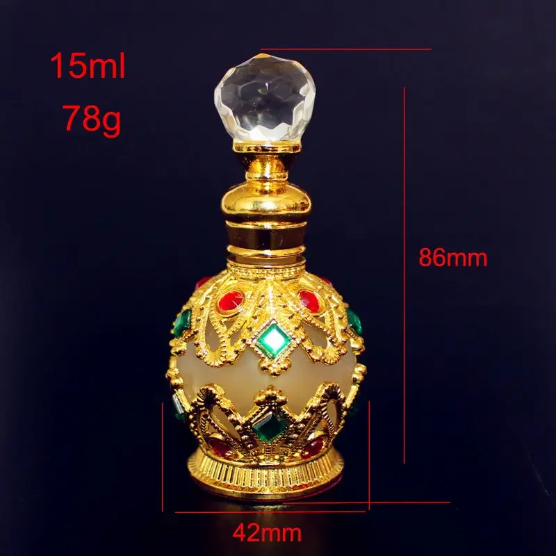 15ml Vintage Metal Perfume Bottle Fancy Arab Style Essential Oil Bottles with Glass Dropper Cosmetic Container Decoration