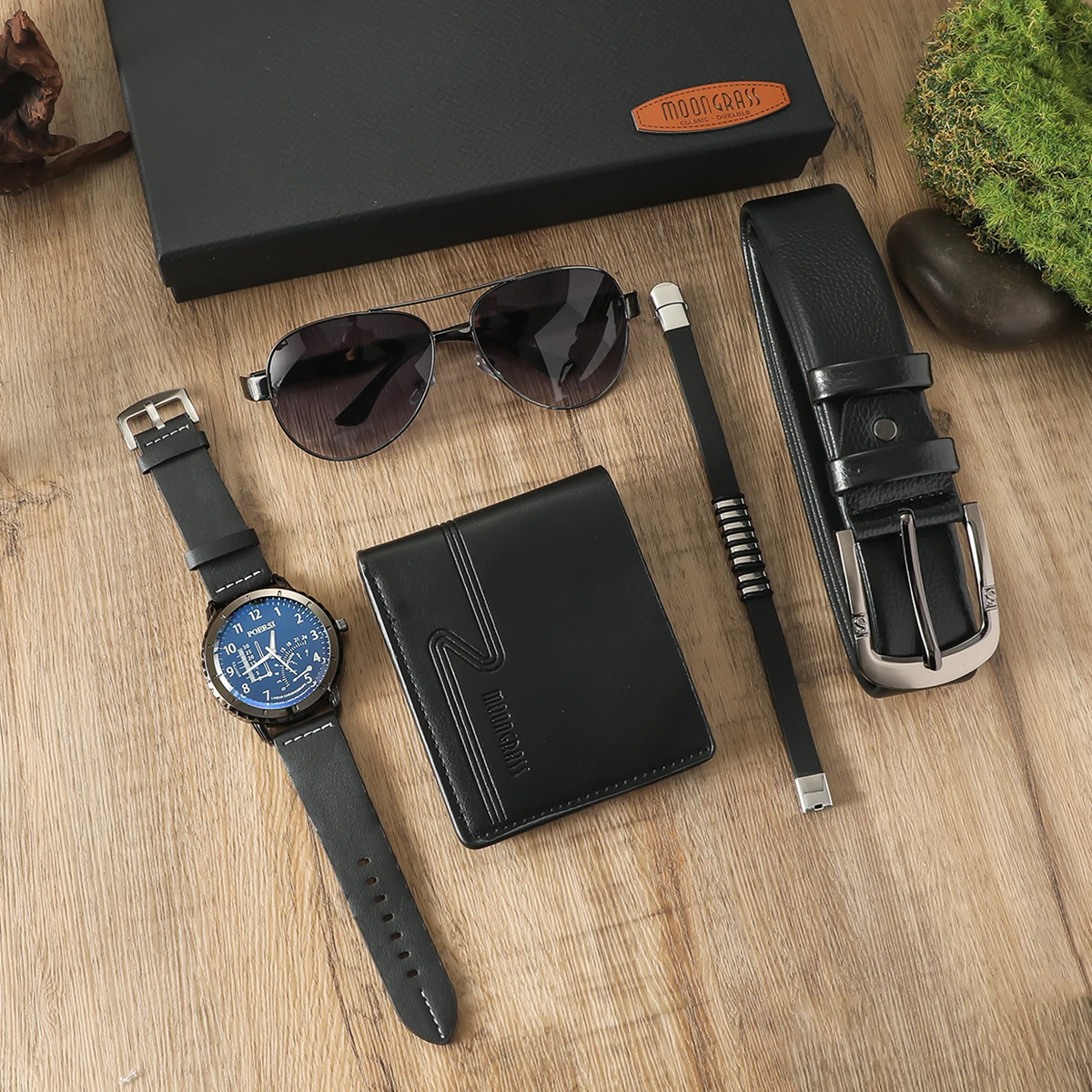 جديد رقمي كبير الطلب حزام الساعة النظارات الشمسية محفظة سوار من الجلد 5 قطع هدية مربع #2