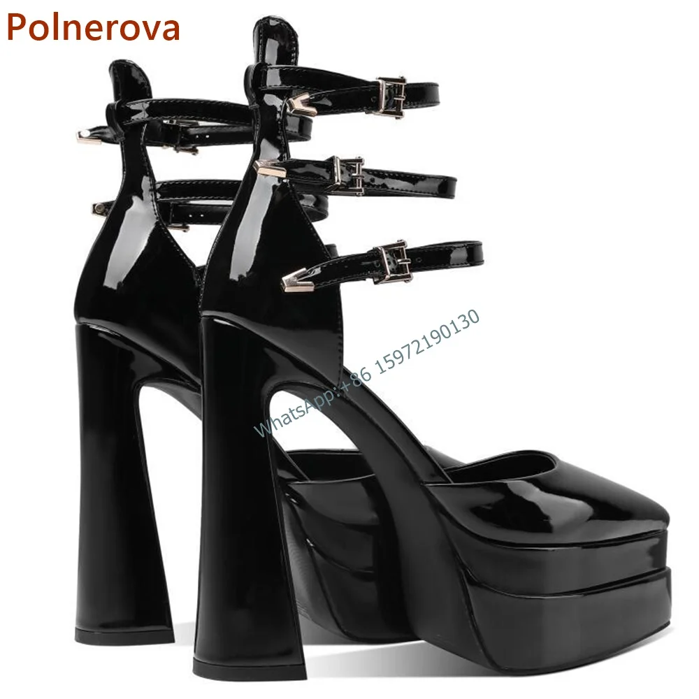 Platform Solid Patent Leather Sandals Pointy Toe Chunky Heel Buckle Strap Ankle Band Shoes Ladies Sexy Summer Party Shoes