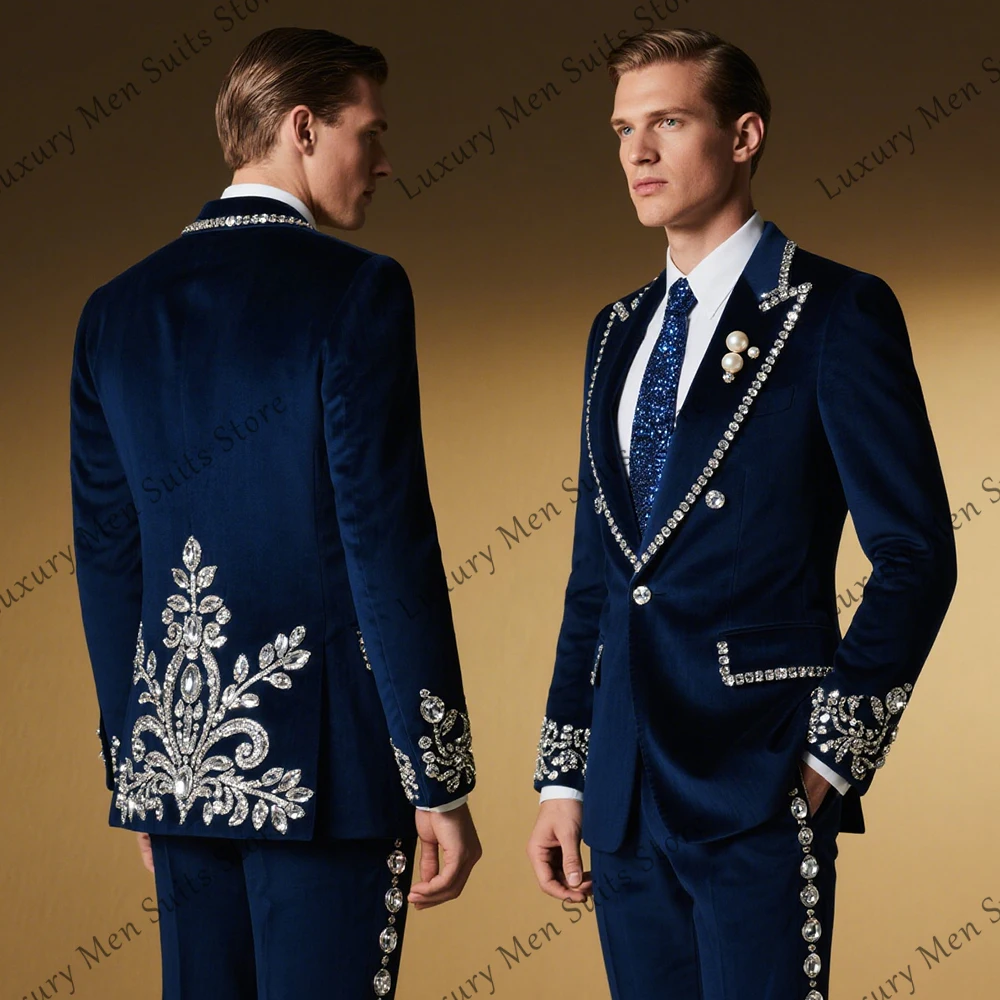 

Elegant Rhinestone Suits for Men 2 Pieces Pearls Tuxedos Wedding Groom Outfits Customized Blazer Pants jaqueta masculina couro