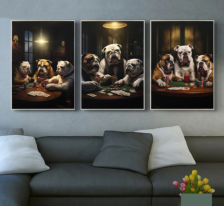 Animal Funny English Bulldog Playing Poker Smoke Bar Poster Print Wall Art Pictures Canvas Painting Living Room Home Decor Gift