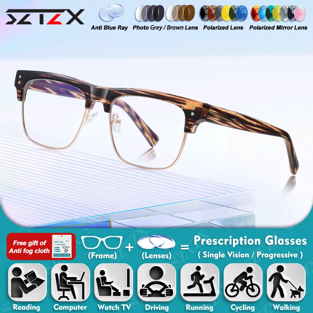 

SZTZX Simple Men Trendy Eyebrow Frame Myopia Prescription Glasses Oversize Frame Anti Blue Light Progressive Reading Eyeglasses