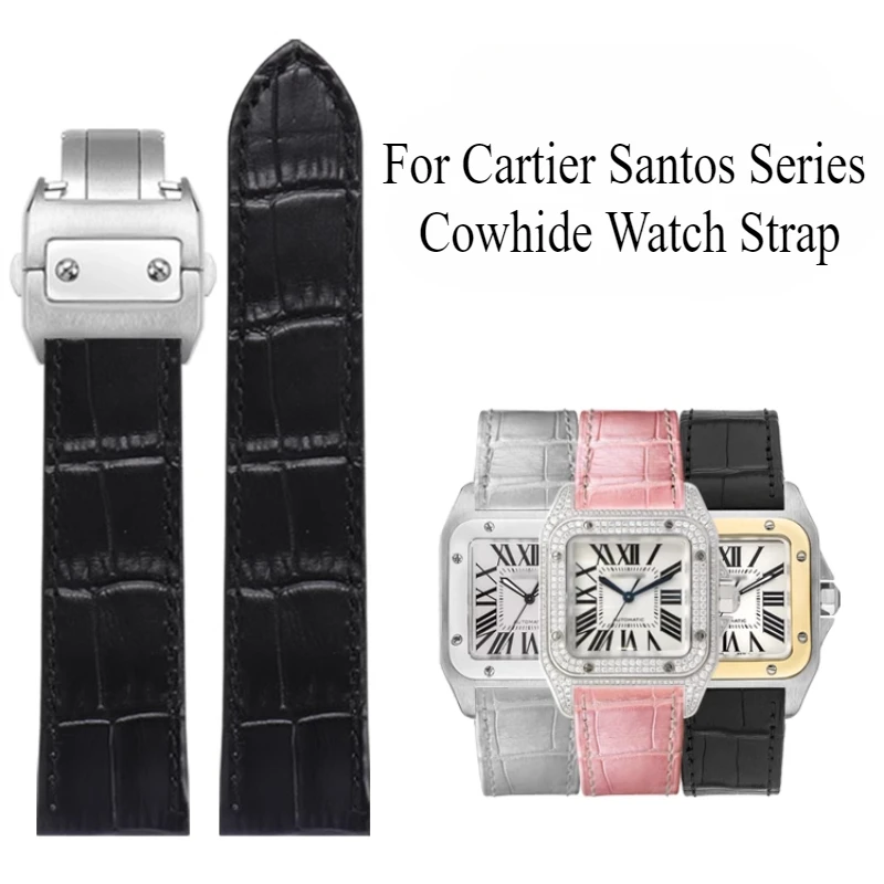 

Для Cartier Santos Sandoz 100, ремешок для часов из натуральной кожи 20, 23, 24,5 мм, твердая стальная пряжка, плоский интерфейс, унисекс, черный, коричневый ремешок