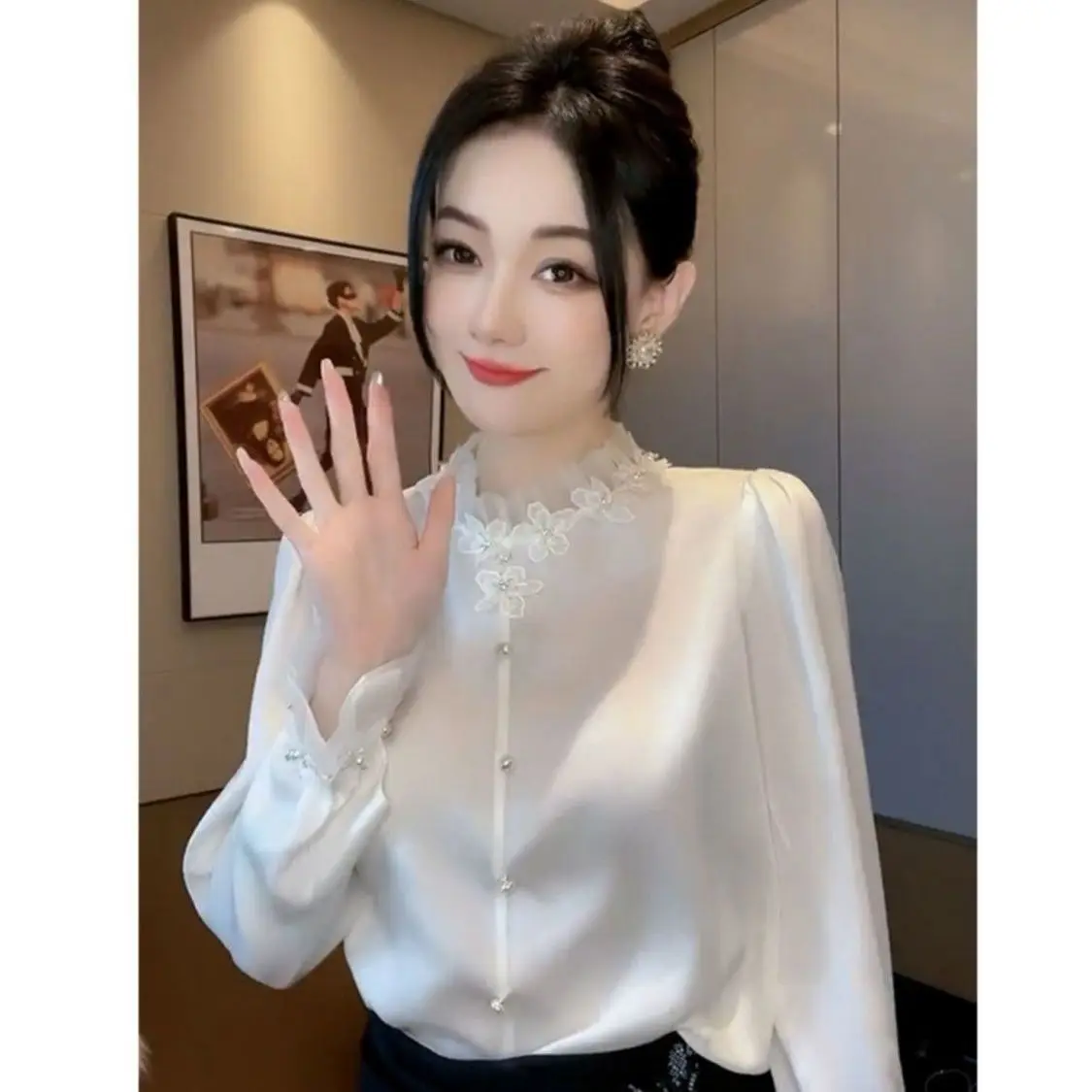 High End Mesh Semi High Neck Shirt for Women in 2023 SpringNew Style with Socialite Temperament, Long Sleeved ShirtWhite Tops