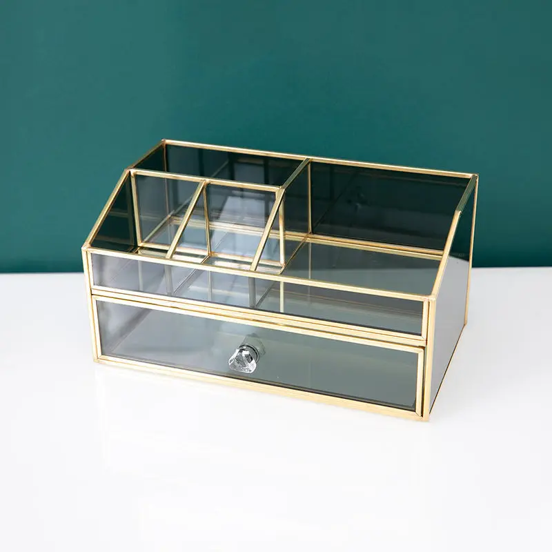 custom. [Light Luxury Black Glass] High-end Luxurious Cosmetic Storage Box Glass Dressing Table Desktop Drawer-style Skincare Pe
