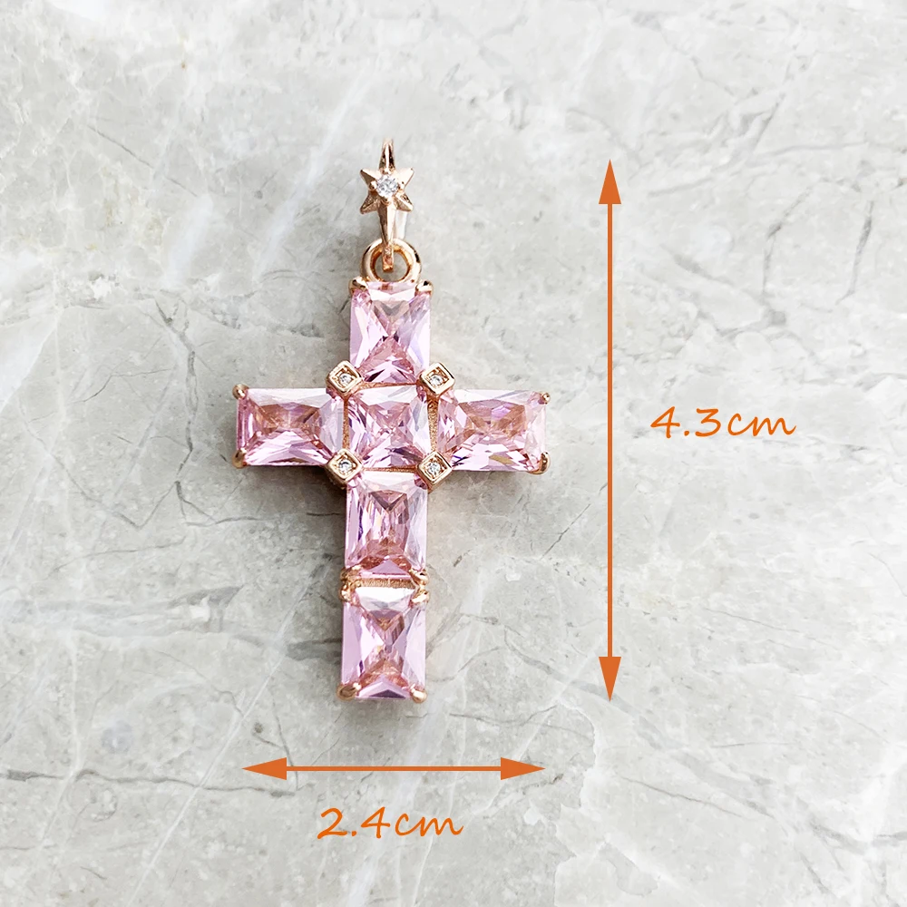 Pendant Cross With Pink Stones And Star Rose Gold Plated Brand New Fine Jewelry Europe 925 Sterling Silver Gift For Woman