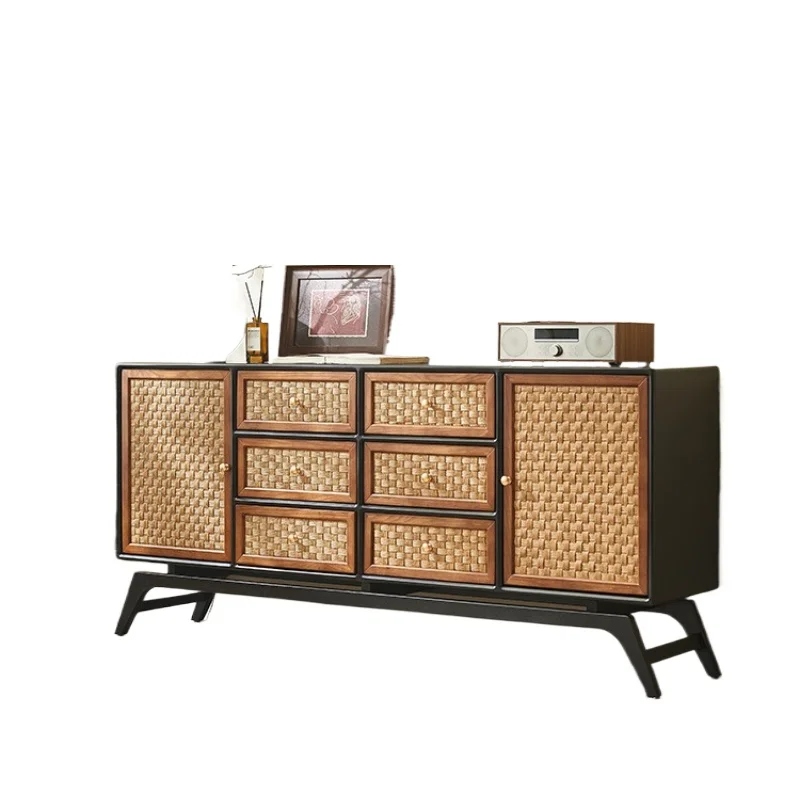 

Medieval wabi-sandy wind s olid w ood Nordic wind simple sto rage locker side ca binet hand-woven rattan entrance cabinet