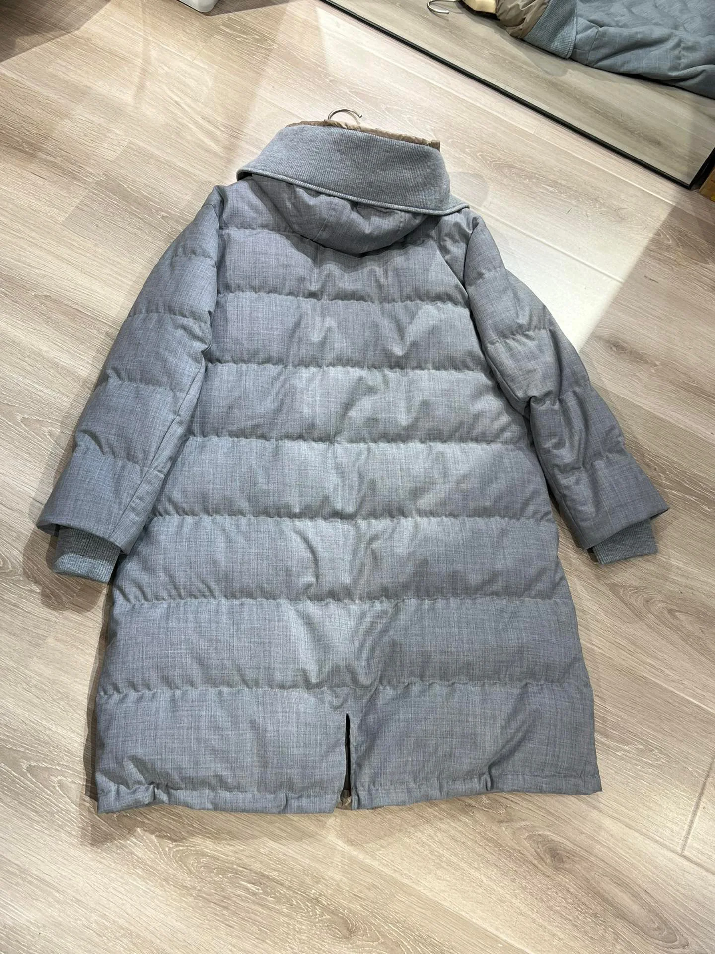 Wool paneled long hooded goose down coat