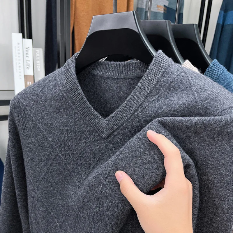 

Autumn Winter% Wool Men's Long Sleeve-Shirt Knitted Sweater Middle-Aged Sweater Base Shirt Dad's Outfit