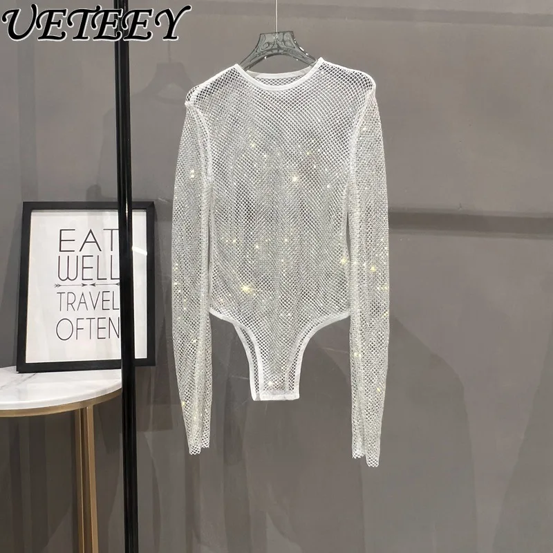 Tuta a rete con strass lucidi maglia trasparente moda Sexy tuta da salto donna discoteca Cocktail Party pagliaccetti abbigliamento