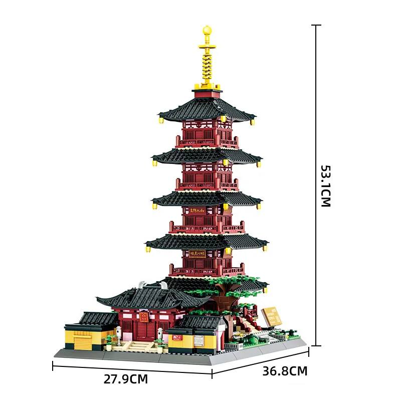 Creative จีนซูโจวโบราณประวัติศาสตร์สถาปัตยกรรม Building Block วัด Hanshan Pumin Tower ก่อสร้างอิฐของเล่น