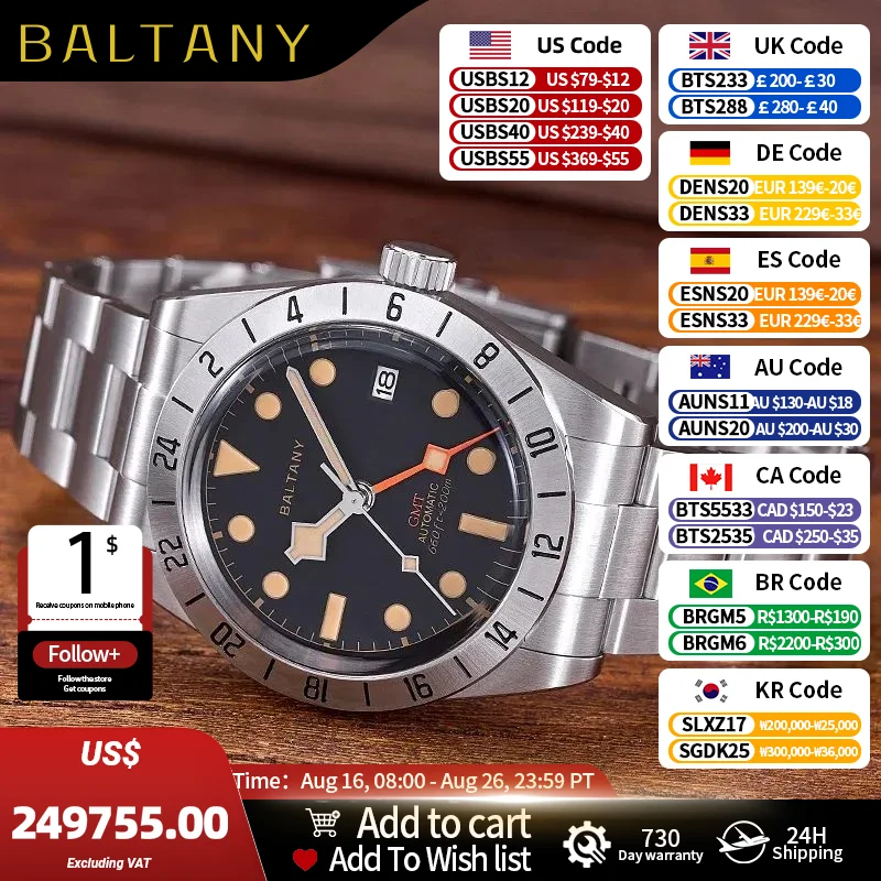 Baltany Retro GMT Uhr Mann S6073 Wasserdichte Luxus Mechanische Armbanduhren Edelstahl Bracelect NH34 Automatische Sport Uhr