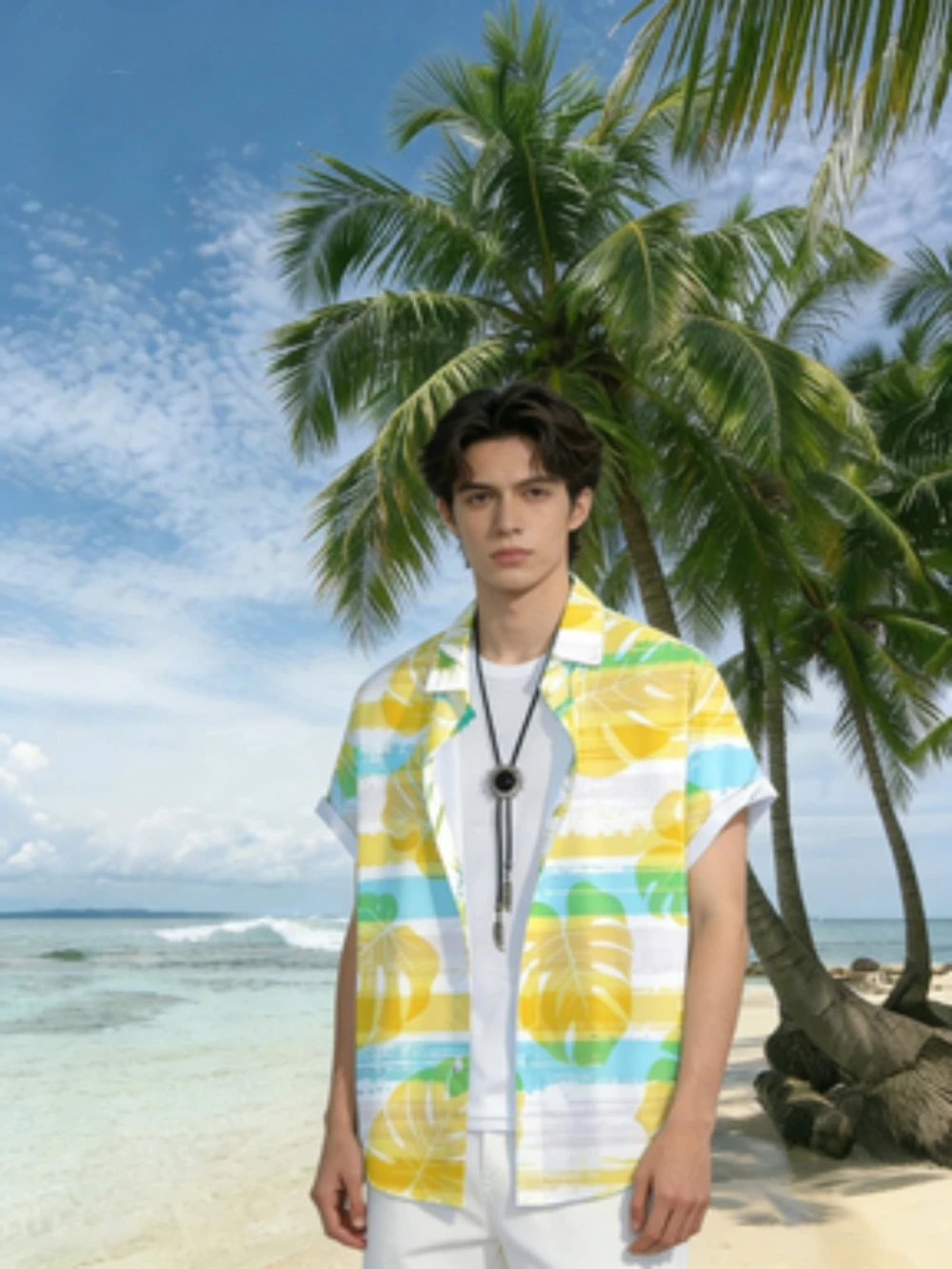 

Летняя мужская повседневная гавайская рубашка с принтом тропических листьев и полосок, с коротким рукавом, пляжная рубашка