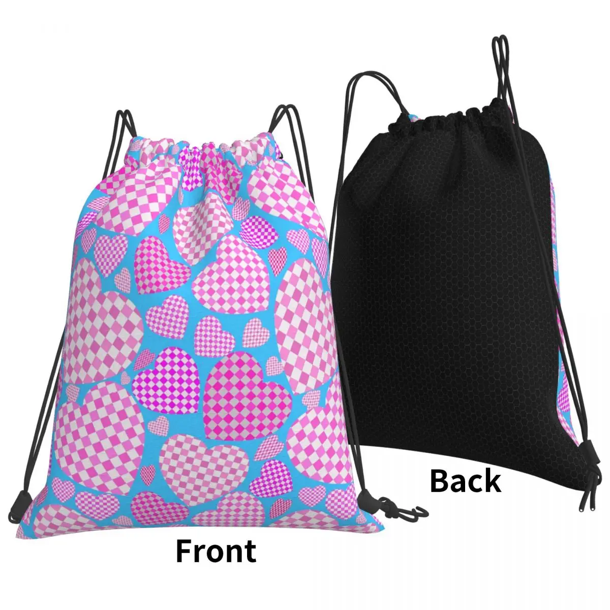 Pink And White Gingham Hearts Backpacks Casual Drawstring Bags Storage Bag Book Bags for Man Woman School