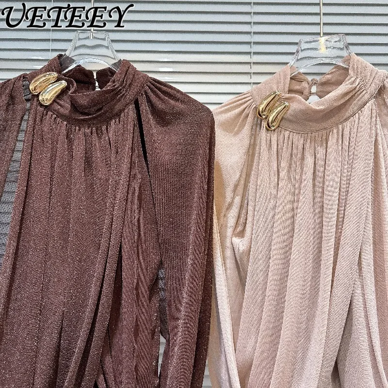 

Новая элегантная шифоновая блузка свободного кроя с металлической пряжкой и воротником-стойкой, универсальный короткий топ, коллекция Весна 2026