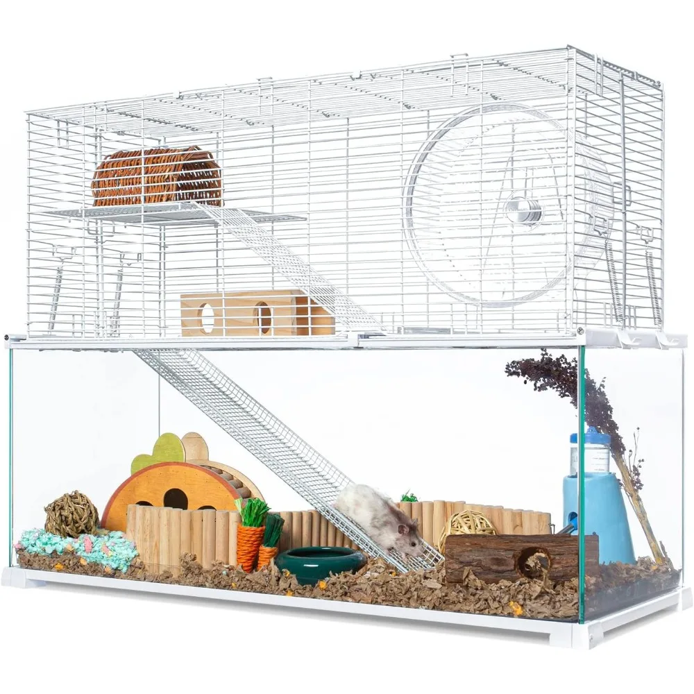 

OIIBO 3 Tiers Large Hamster Cages, Glass Hamster Cage Habitat with Openable Wire Topper, Gerbil Cage with Two Ladders Ramps and