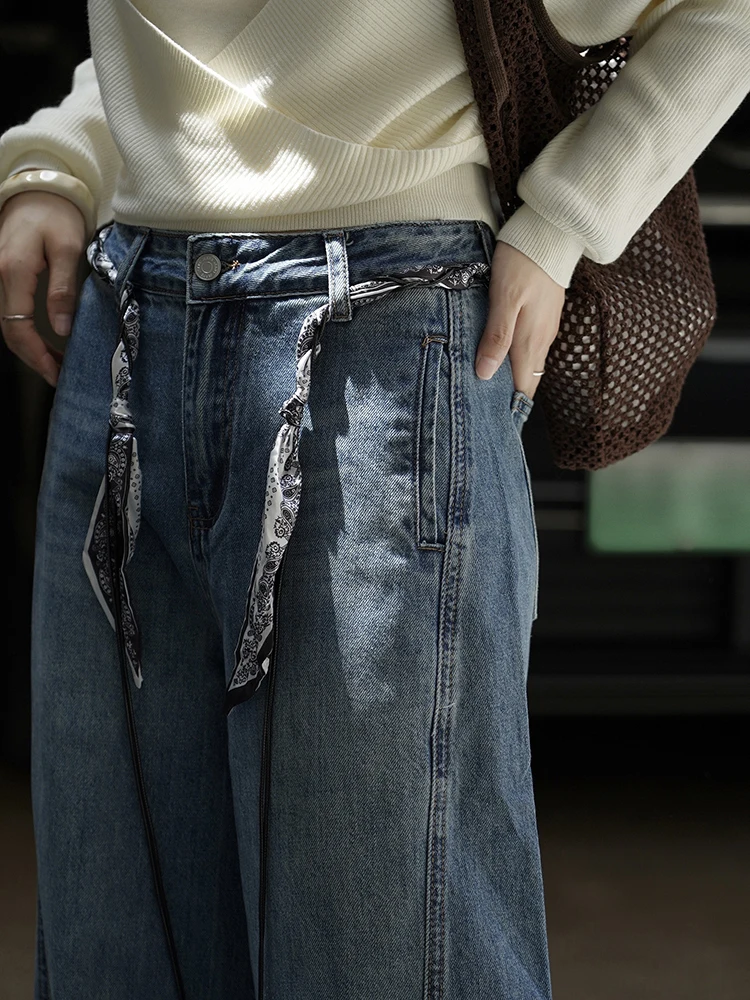 FANAN bureau dame jean délavé pour femmes taille haute droite jambe large Denim pantalon mode Streetwear vêtements 2025 automne nouveau