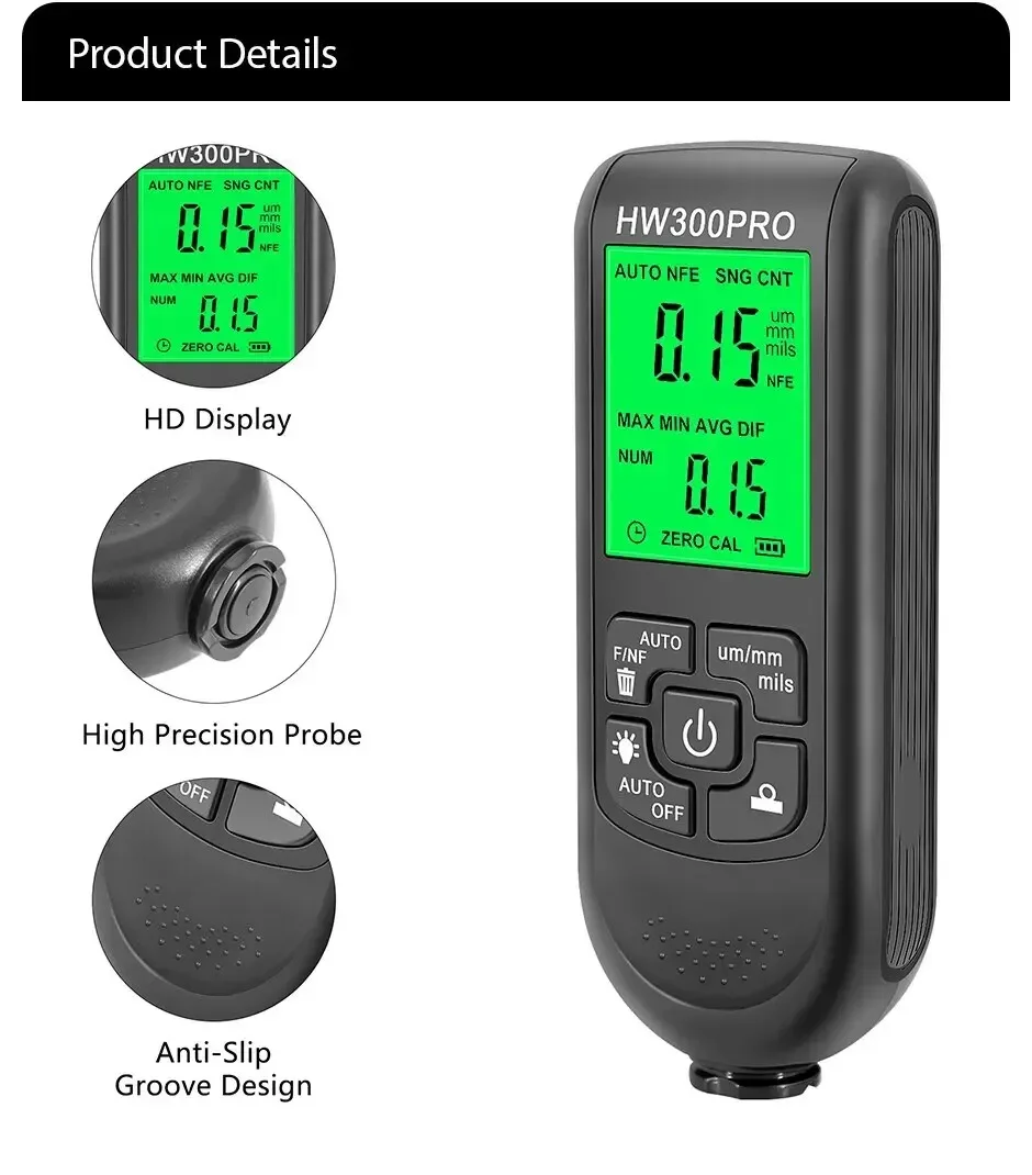 HW-300PRO Automatic Coating Thickness Tester 0-2000UM Fe NFe Car Paint Film Gauge Manual Automotive Paint Tool view 5