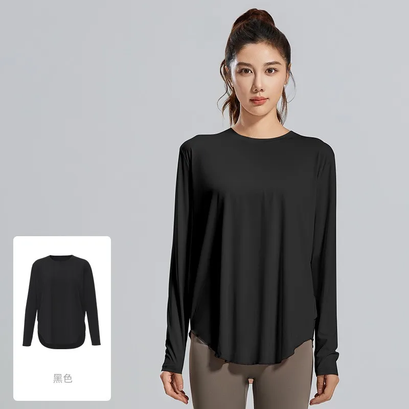 Women Quick Drying Long Sleeves Tops 2024 Summer High Elasticity Loose Size Sports Contrast Design Ice Silk Yoga Tops Yoga Smock