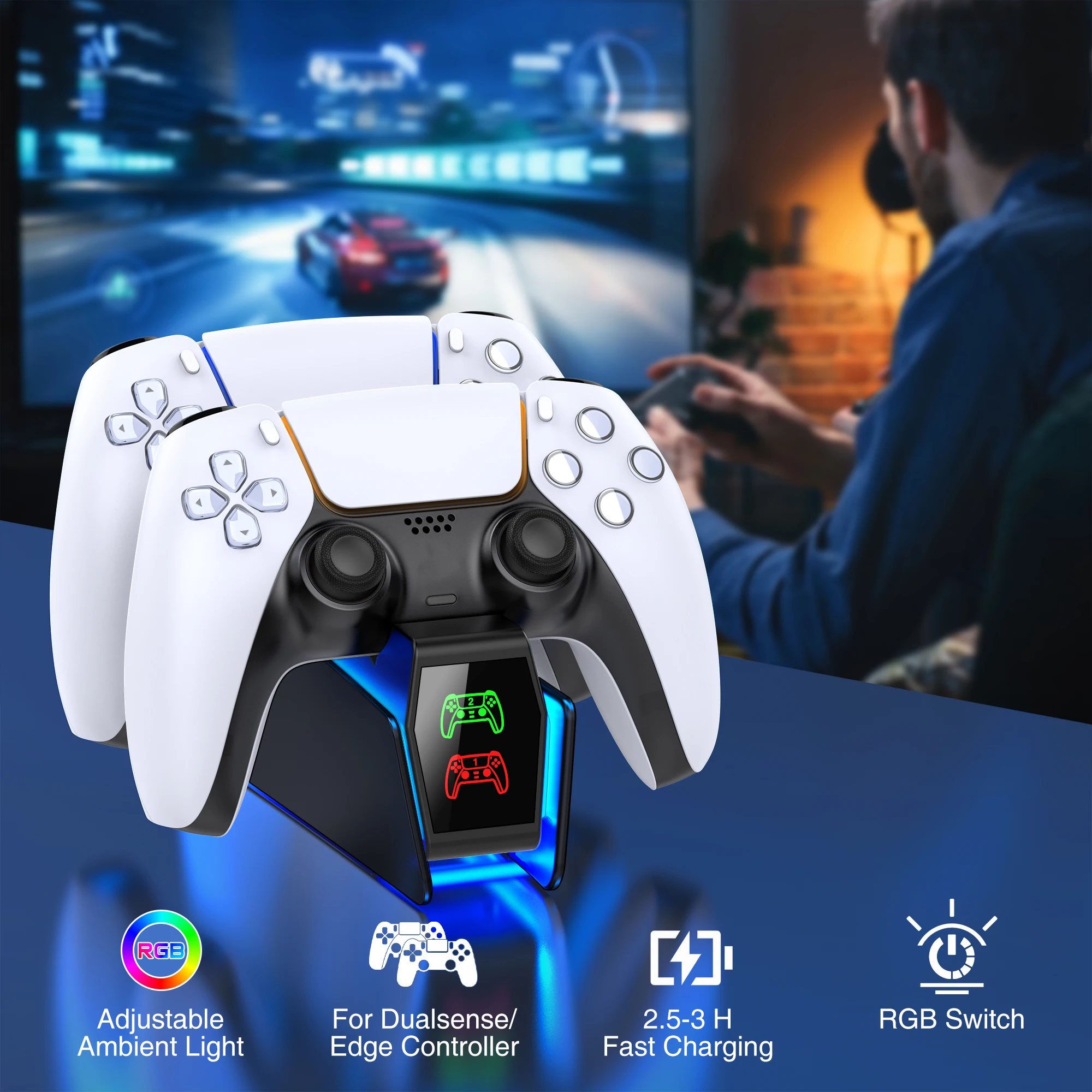 BEBONCOOL สําหรับ PS5 Controller Charger RGB Fast CHARGING Station สําหรับ PlayStation5 คอนโทรลเลอร์เกมไร้สายแท่นชาร์จ Gamepad