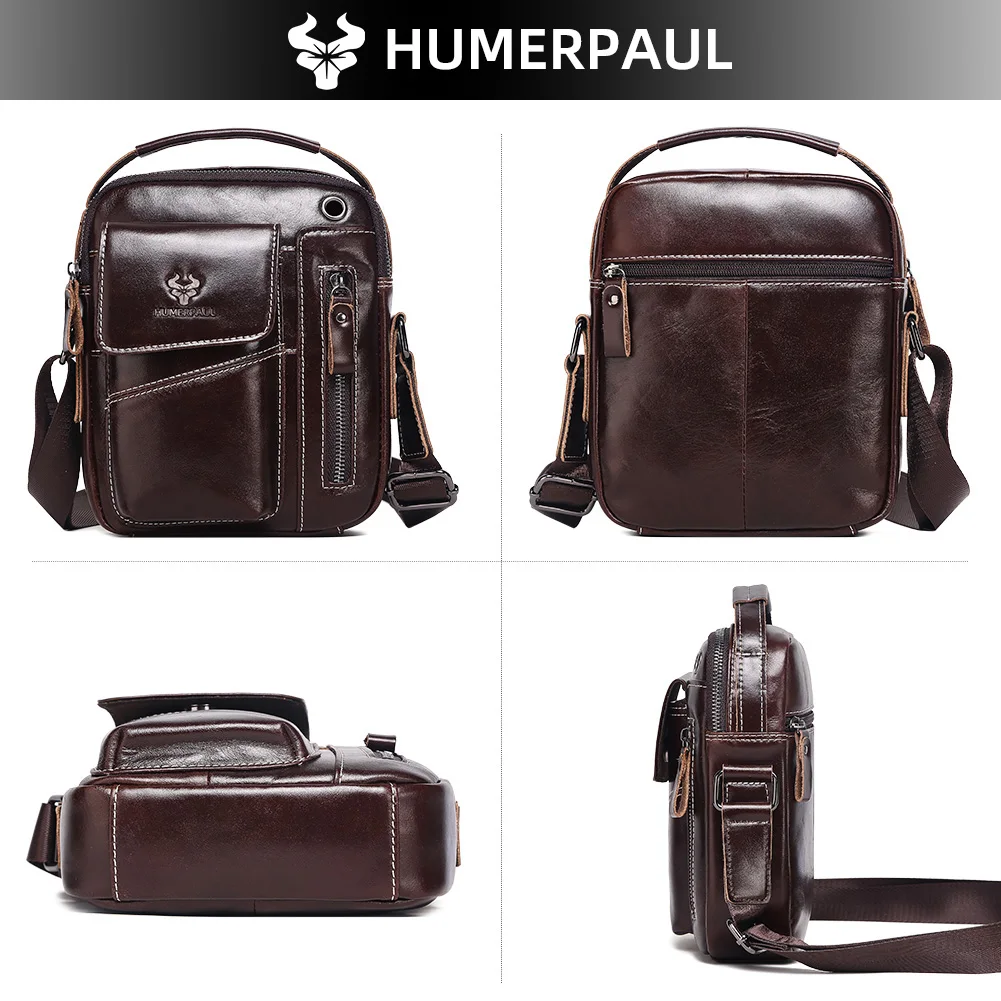 HUMERPAUL Vintage Genuine Leather Mens Messenger Bag, Business Casual Crossbody Sling Pack, Multi-Pocket Cell Phone Bag for Work
