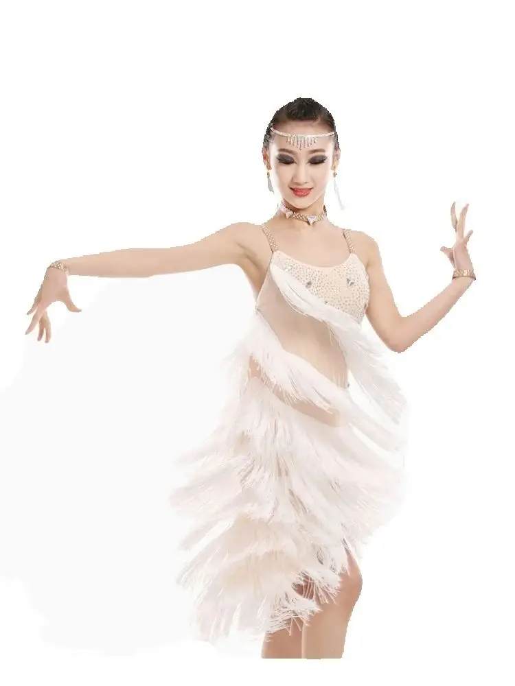 1pcs/lot Girls Latin Dance Dress white Tassel latin Ballroom Costumes Tango Samba Dance Dress girl sequin latin dress