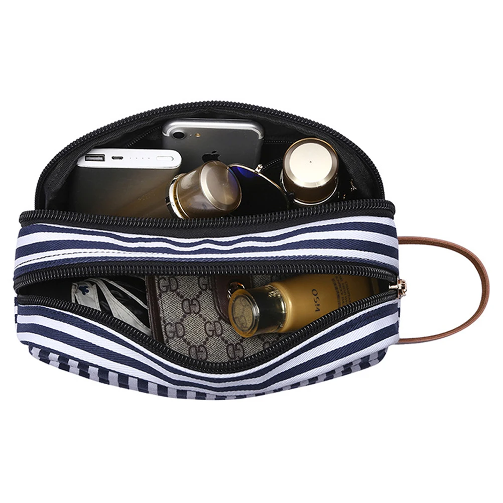 

1pc Blue Stripe Bag Large Capacity Lightweight Makeup Organizer Pouch For Travel Toiletry Storage Women Makeup Brush