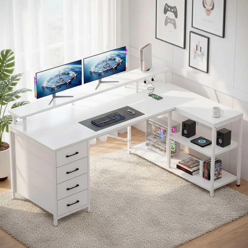 مكتب ألعاب على شكل حرف L مع أضواء LED ومنافذ طاقة و4 أدراج وأرفف تخزين - مكتب زاوية كمبيوتر مكتبي منزلي أبيض
