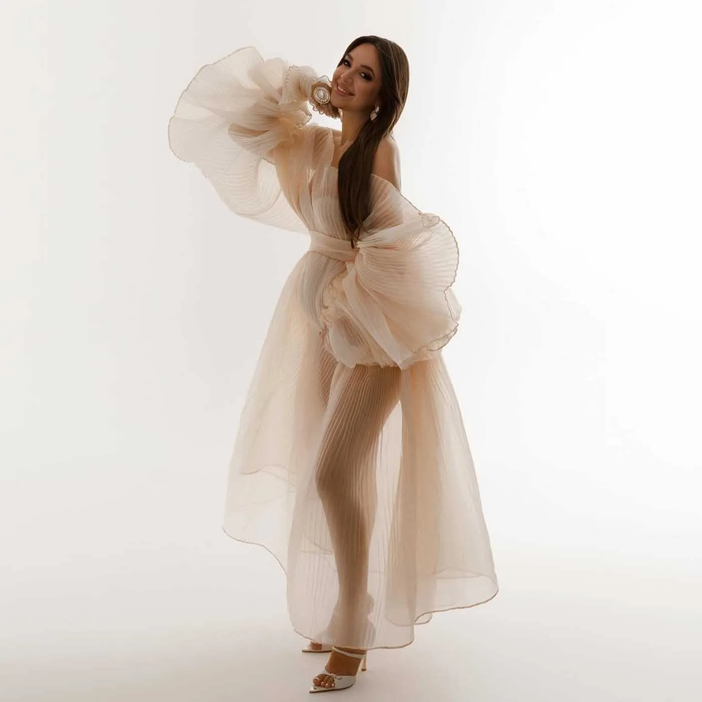 Nuovo arrivo abito premaman in organza plissettato servizio fotografico popolare maniche a sbuffo abiti premaman trasparenti gravidanza abito da baby shower