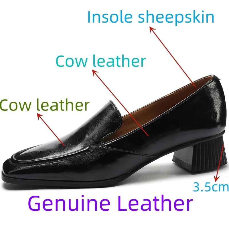 【JOCHEBED HU】Brand Genuine Leather Loafers Low Heel Women Shoes Square Toe Causal Slip-On Lady Footwear Size 34-43