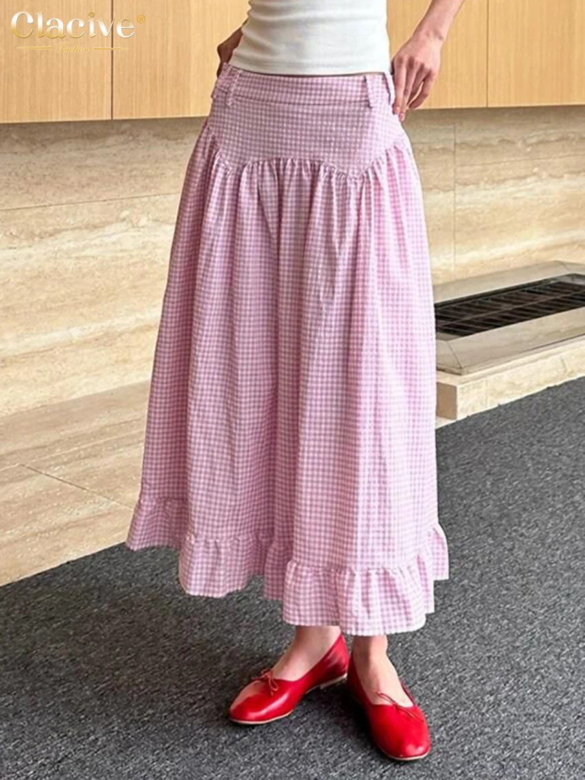 

Clacive Fashion Loose Pink Plaid Skirts For Women 2025 Elegant High Waist Long Skirt Elegant Classic Skirt Female Clothing