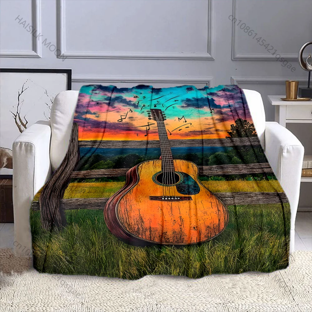 1PC Sunset Meadow Fence Acoustic Guitar Notes Print Adult Children Warm Blankets Home Travel Car Soft Comfortable Luxury Gift