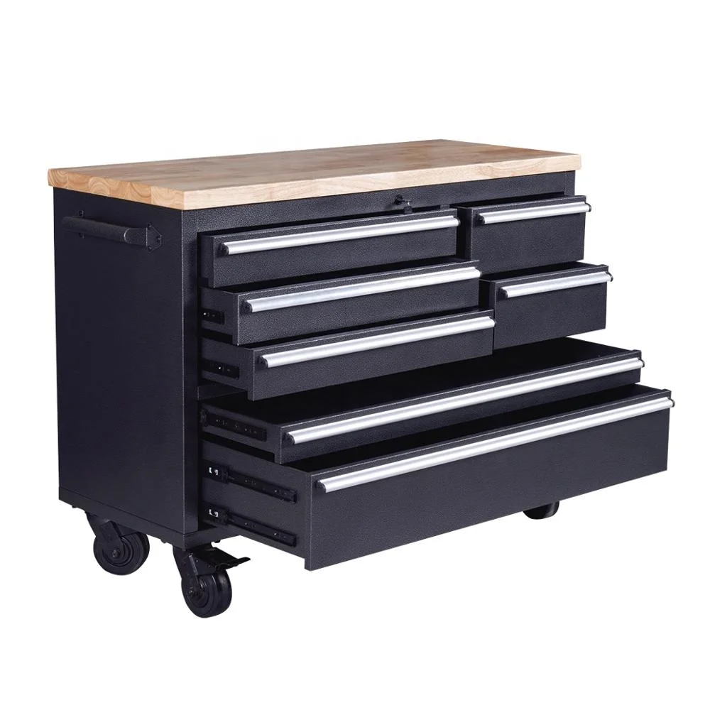 Rubberwood Top Mobile Workbench 7-drawer Cabinet Tool Cart Garage Storage Tool Trolley