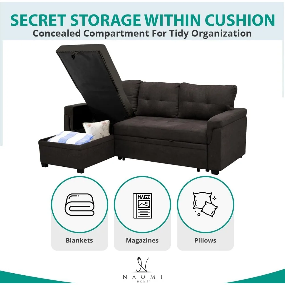 Home Tufted Sectional Sofa Sleeper with Storage Chaise, Pull-Out Couch with Storage, Sofa Bed, L-Shaped Reversible Sleeper Sofa