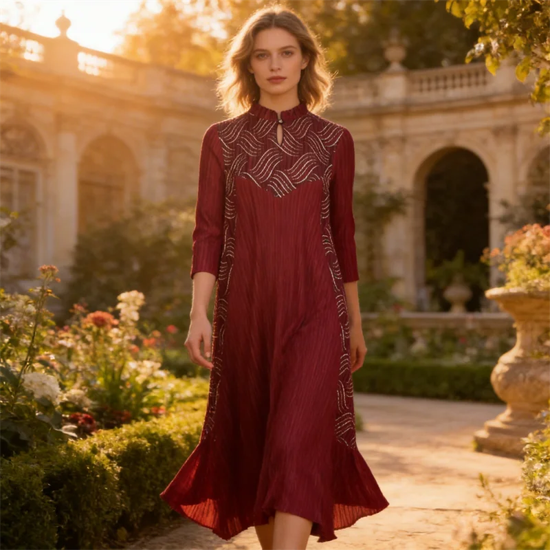 

Miyake Pleated Retro Swing Dress Women's Fashion Outerwear Women's Chinese Style Stand Collar Three-quarter Sleeve Long Dress