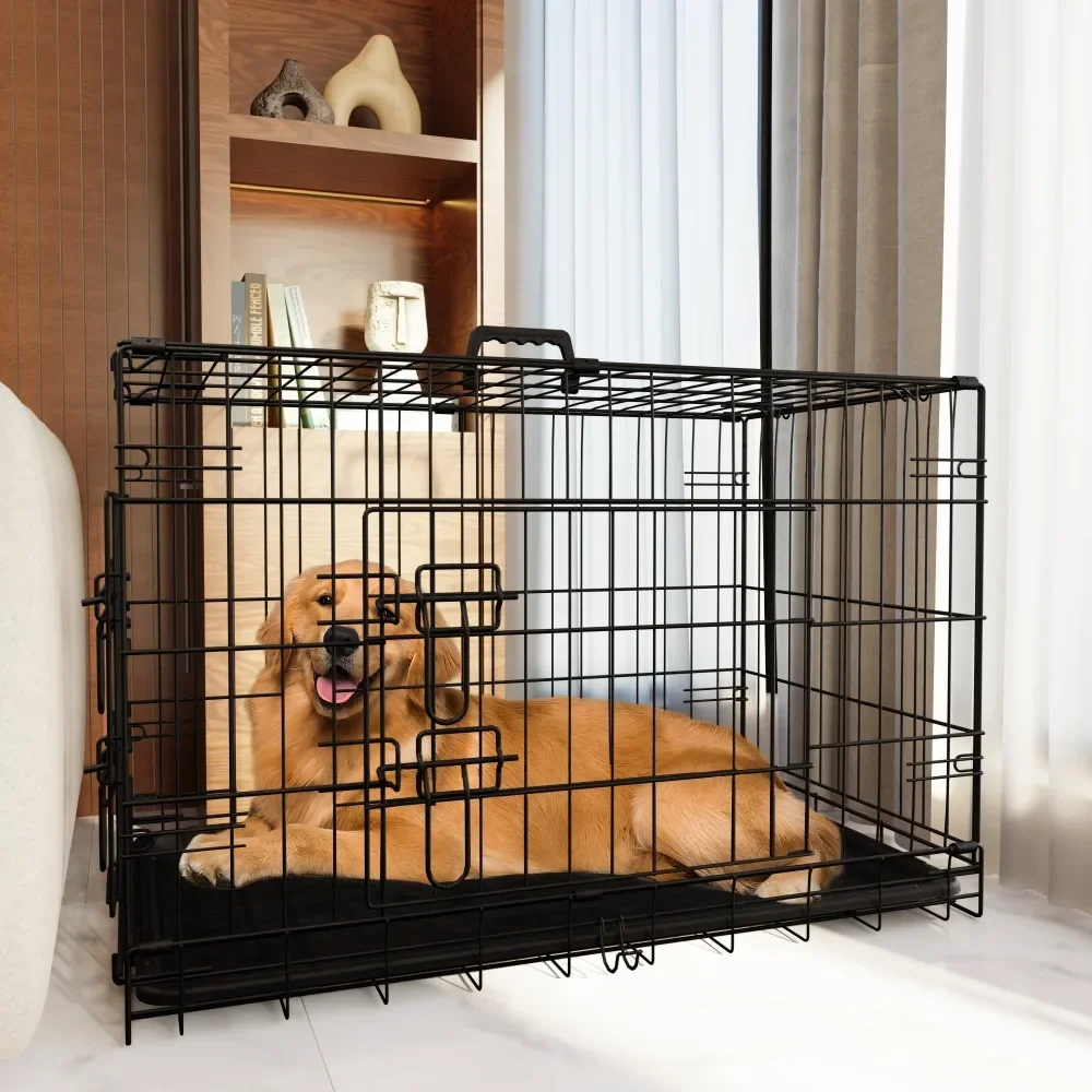 48 Inch Large Dog Cage with Divider and Plastic Leak-Proof Pan Tray, Double Door Folding Metal Wire Cage for Indoor, Outdoor