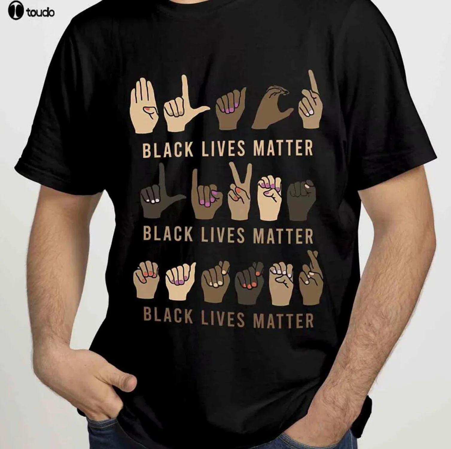 Black Lives Matter Three Hand Sign Language ASL Freedom Men Black T Shirt