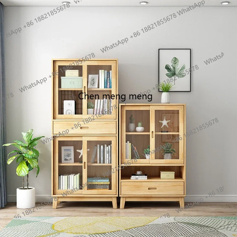

ss7304Solid Wood Door Combined Bookcase Living Room Storage Cabinet Floor with Glass Bookcase Study File Cabinet