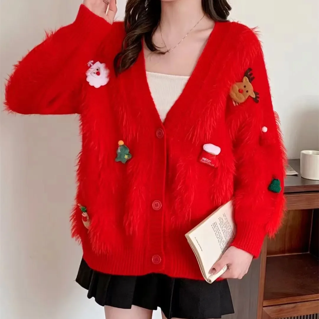 Sweet 3D Cartoon Fluffy Jacket Knit Cardigan Furry Women Clothes Sweater Streetwear Long Sleeve Single-breasted Fall Winter Coat