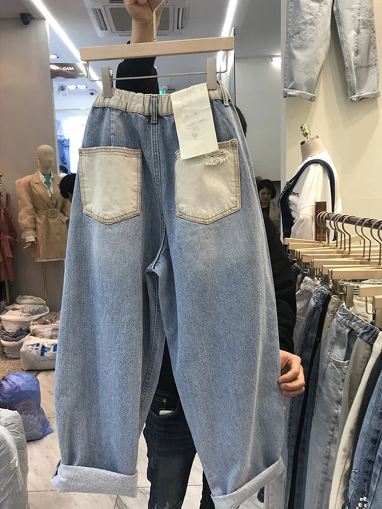 Kadınlar için 8874 yeni varış sıkıntılı Trendy Streetwear kot bahar yüksek bel fermuar düz rahat gevşek mavi Denim pantolon